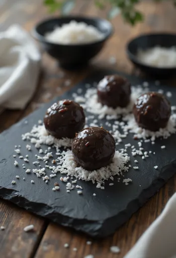 Chocolate coconut truffles (Narkel Naru) piled up