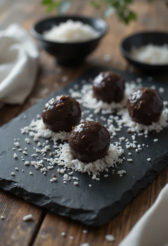 Chocolate coconut truffles (Narkel Naru) piled up
