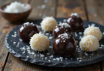 Chocolate coconut truffles (Narkel Naru) piled up