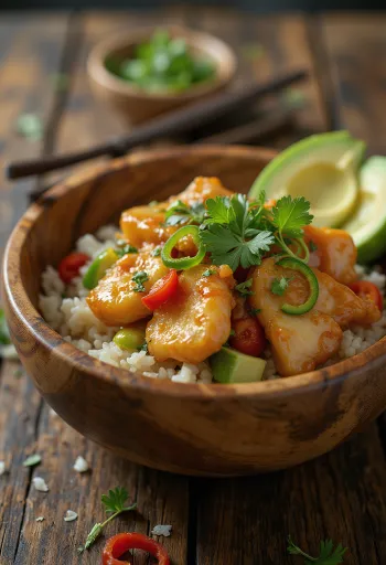 Chicken poke bowl with fresh vegetables on rice