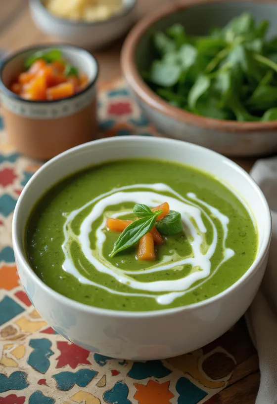 Creamy spinach vegetable soup served in a bowl