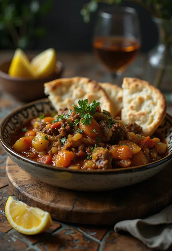 Lamb Thareed stew served over bread