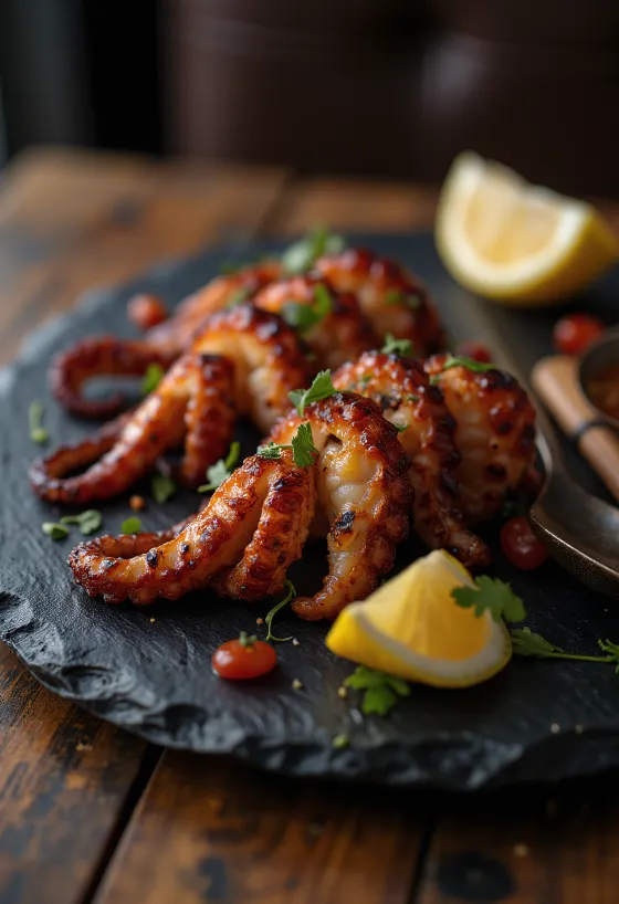Grilled octopus skewers served with salad