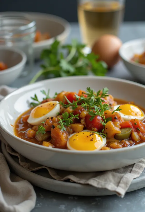 Vegan Caponata served with eggplant, olives, and tomato sauce
