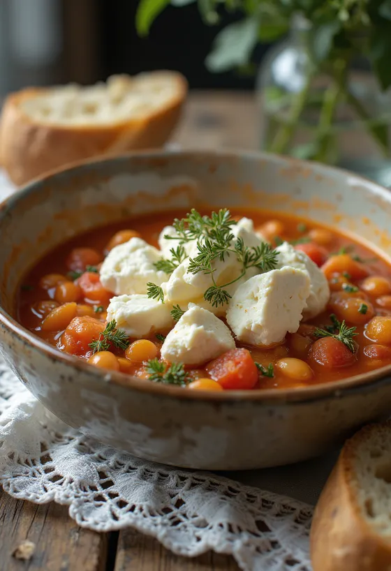 Bowl of Greek Fasolada bean soup topped with feta cheese