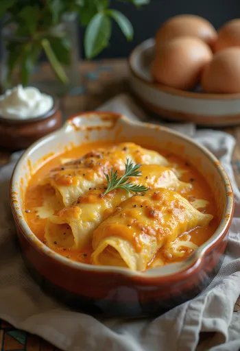 Savory crepes with meat filling and paprika sauce
