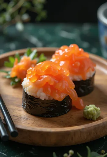 Nigiri with ikura, a bowl of rice sushi garnished with fresh salmon roe