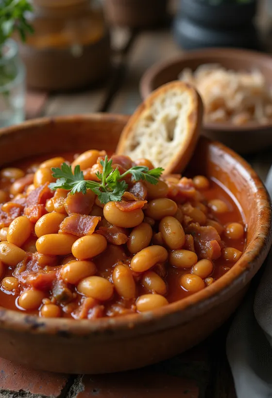Beans in tomato sauce garnished with fresh parsley, served in a deep bowl.