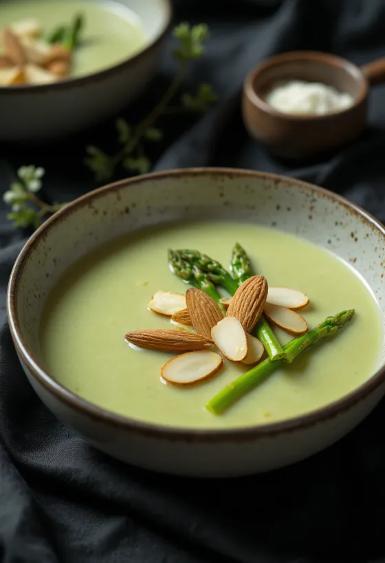 Creamy asparagus soup served with almond milk