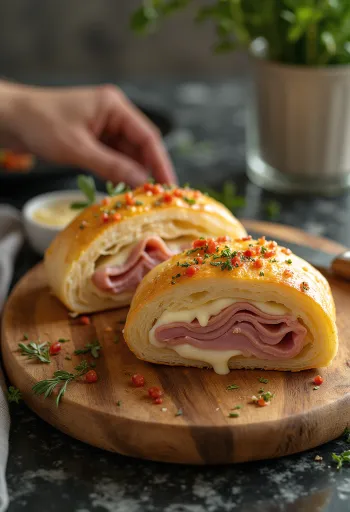 Sliced stromboli revealing layers of ham and melted mozzarella