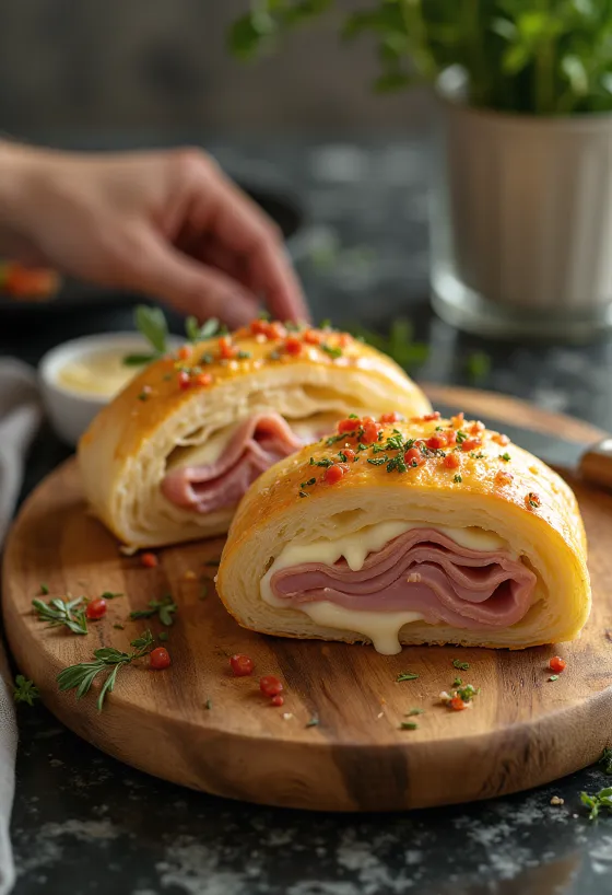 Sliced stromboli revealing layers of ham and melted mozzarella