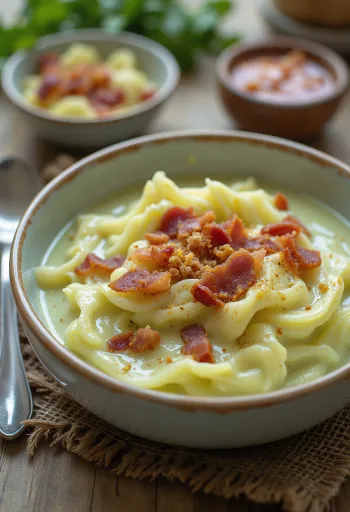 Creamy savoy cabbage soup with bacon served