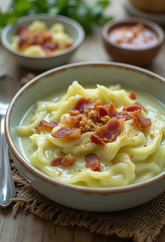 Creamy savoy cabbage soup with bacon served