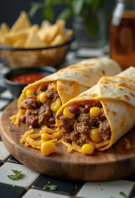Beef and pork burrito filled with rice, black beans, corn, and cheddar cheese