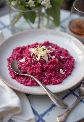 Creamy beet risotto topped with fresh parsley and vegan parmesan.