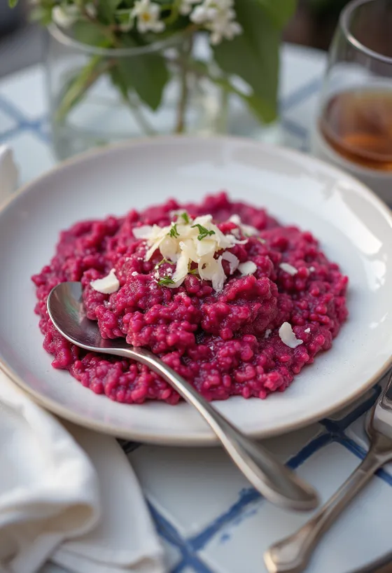 Creamy beet risotto topped with fresh parsley and vegan parmesan.