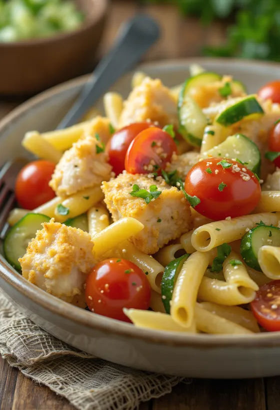 Chicken pasta salad served with fresh vegetables