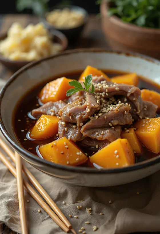 Sweet potato Nikujaga served with rich stew