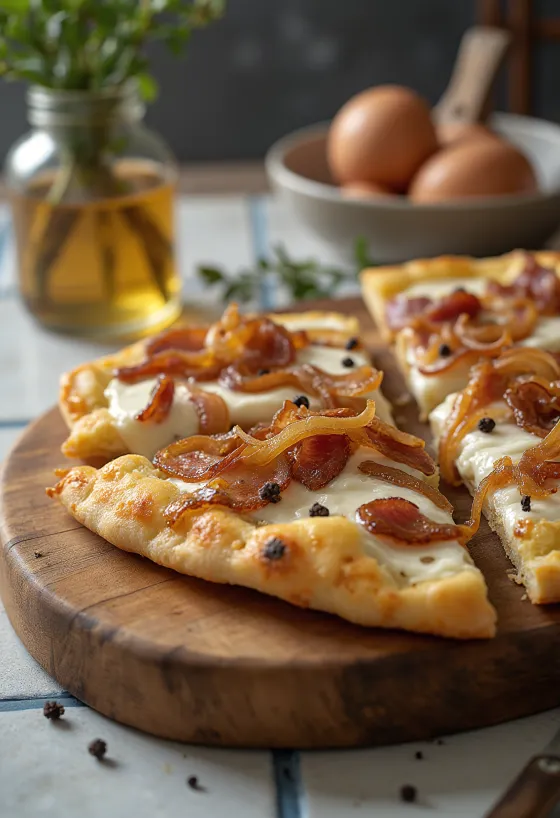 Flammkuchen with sour cream, onions, and bacon