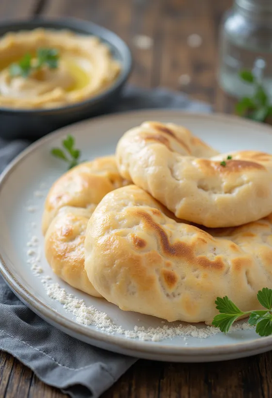 Gluten-free pita bread baked golden brown, served on a rustic board