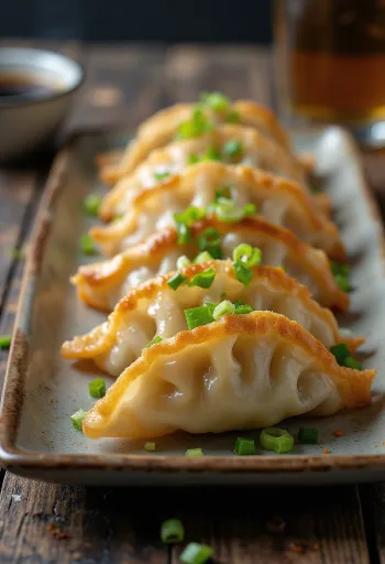 Garlic Gyoza served with meaty filling, crispy bottom and golden brown color.