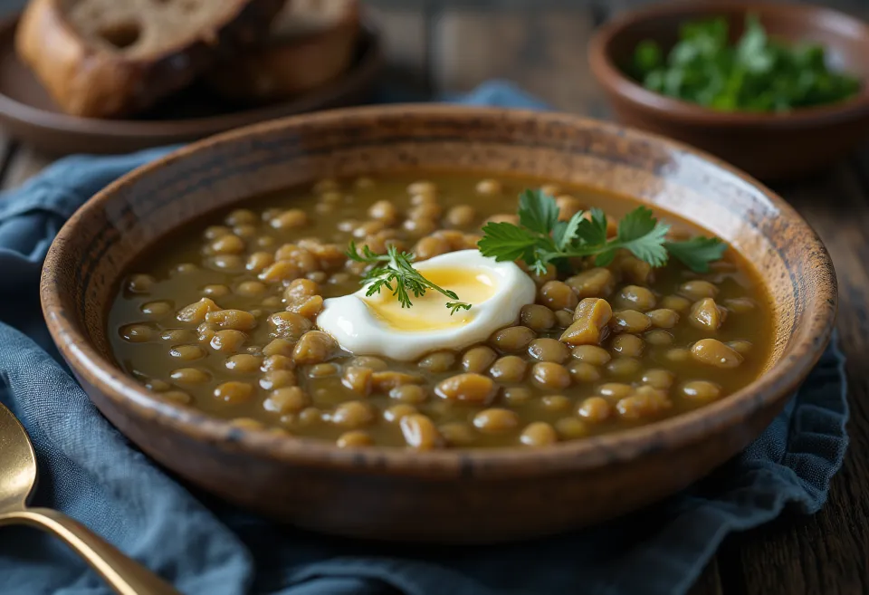 Creamy lentil stew with sausage