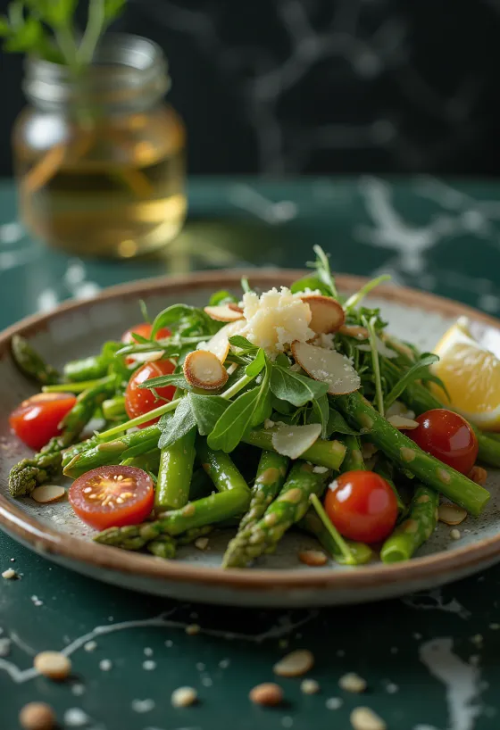 Asparagus salad with lemon dressing served on a plate