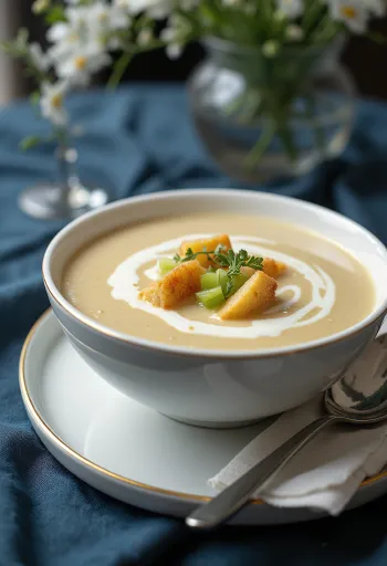 Creamy celery root soup garnished with fresh parsley.