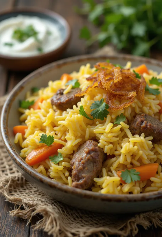 Lamb and vegetable biryani with fluffy rice