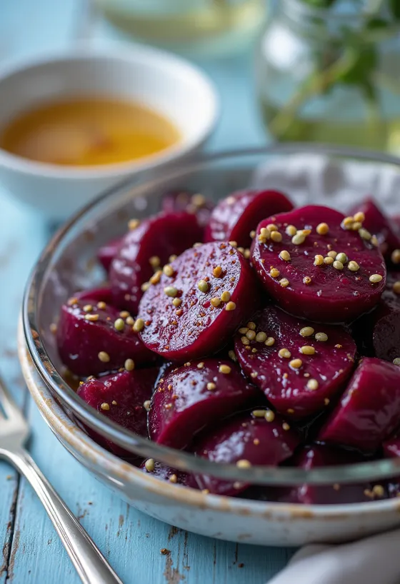 Beet salad served with fresh vegetables and balsamic dressing