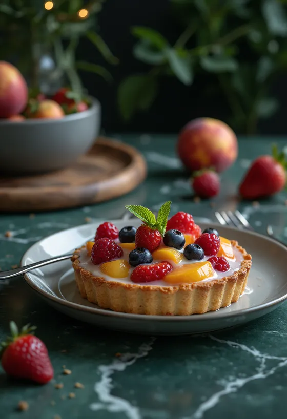Fresh fruit tart slices decorated with mixed fruit