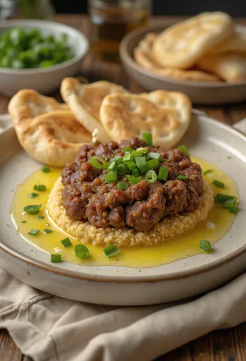 Kibbeh Nayyeh served with fresh pita and pomegranate seeds