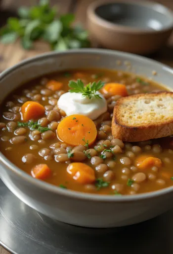 Traditional lentil soup with carrots and bay leaves