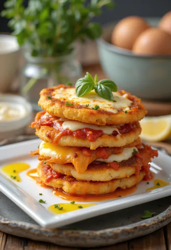 Classic Eggplant Parmesan with fresh basil, fried eggplant, and mozzarella