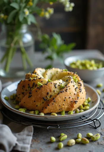 Pistachio poppy seed cake served