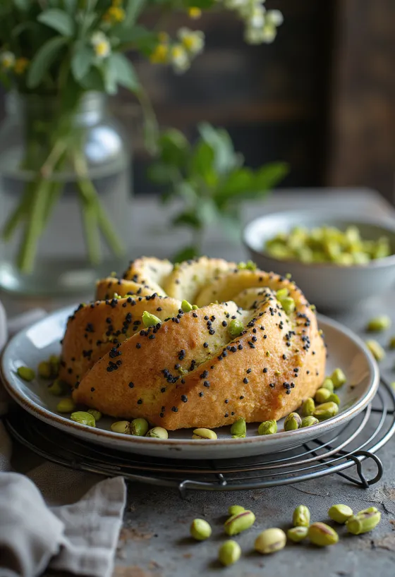 Pistachio poppy seed cake served