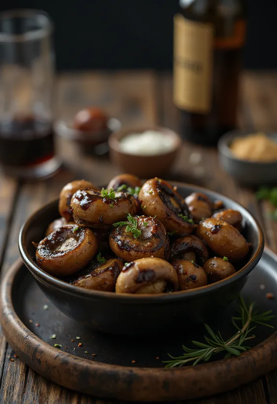 Roasted mushrooms in balsamic marinade served on a plate