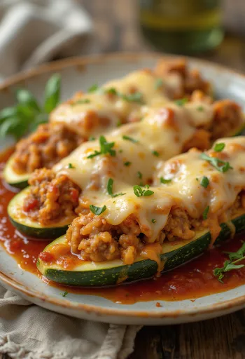Stuffed zucchini served with ground meat and cheese