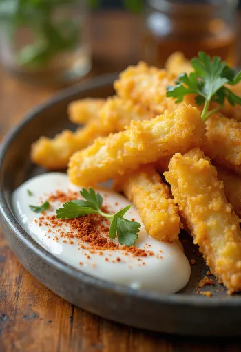 Yuca frita, crispy fried logs served with coconut milk sauce and cilantro