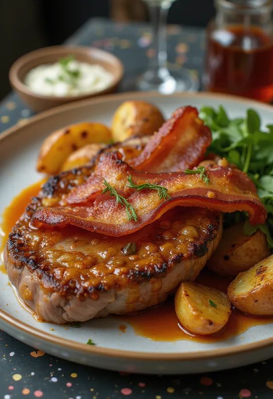 Garlic pork steak with bacon