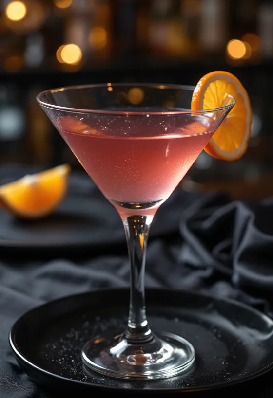 Cosmopolitan cocktail garnished with orange peel
