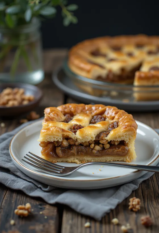 Golden brown walnut pie slice on a plate
