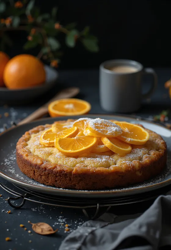 Spiced orange cake dusted with powdered sugar and orange zest