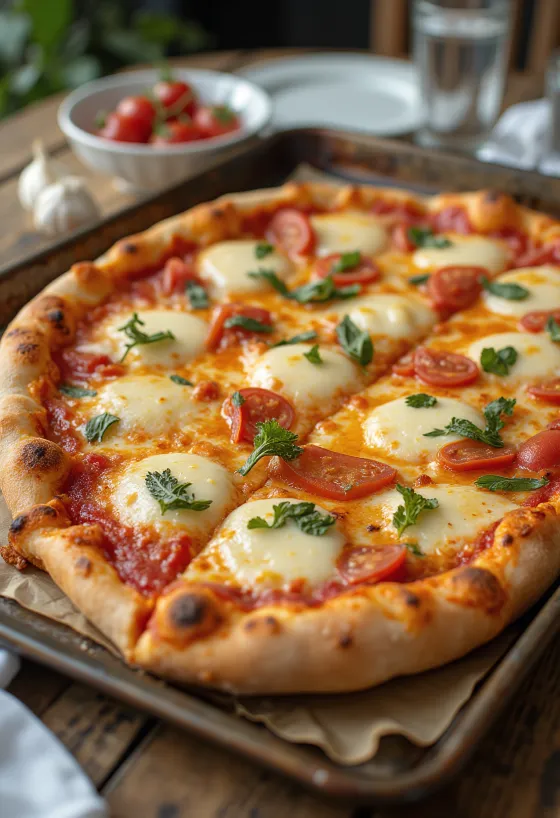 Grandma pizza with rectangular crust and cheese