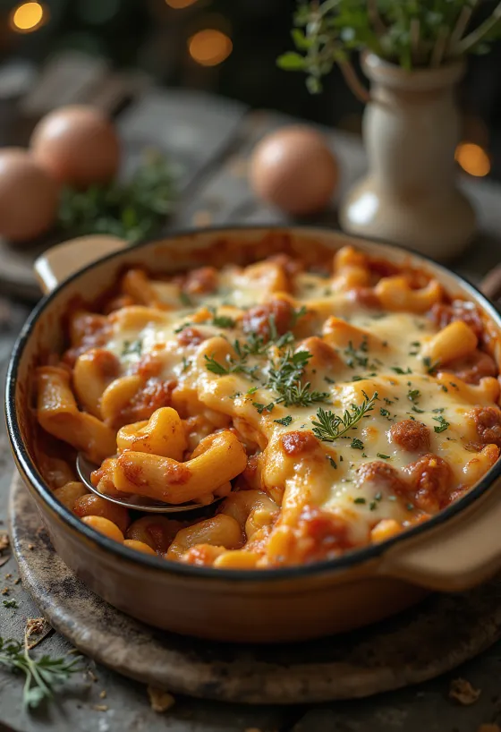 Meaty pasta bake with juicy ground meat and melted cheese on top
