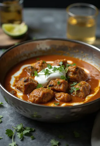 Nihari served with yogurt, a rich meat and spice stew
