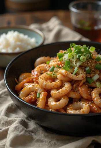 Osam-Bulgogi, spicy squid and pork dish with fresh green onions