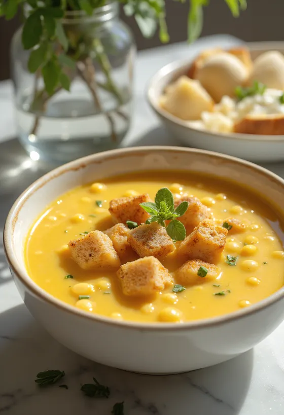 Yellow split pea soup with smoked sausage slices
