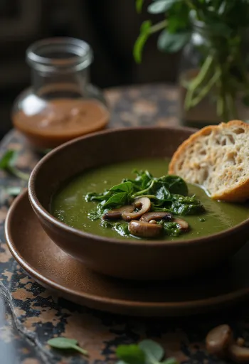 Creamy mushroom and spinach soup served