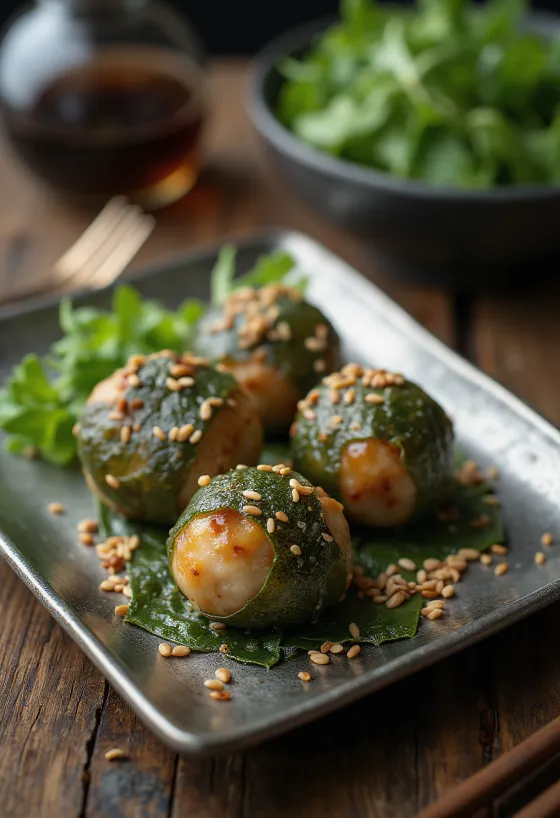 Tsukune chicken meatballs wrapped in shiso leaves